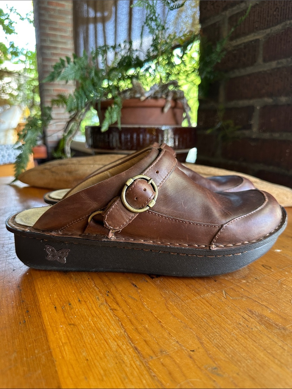 Alegria Seville oiled brown leather comfort clog. Size USA 10